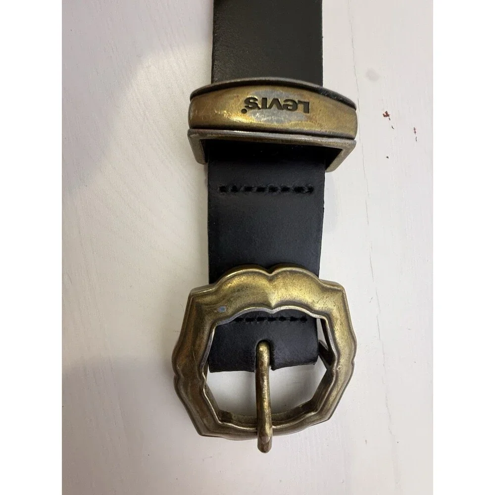 Levi’s Black Leather Belt Western Buckle Brass Horse Logo Size 38